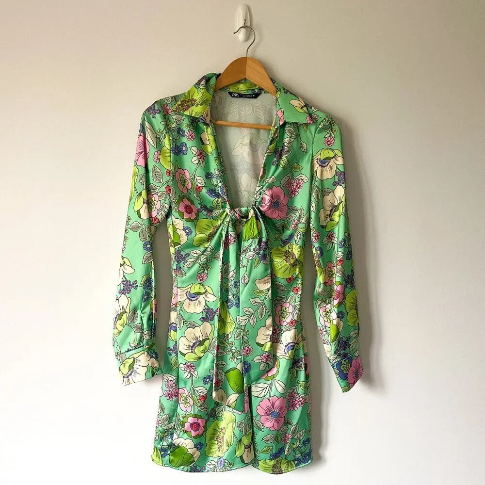 Zara Satin Effect Floral Long Sleeve Mini Dress Green Blogger Fav Size XS - Picture 5 of 10